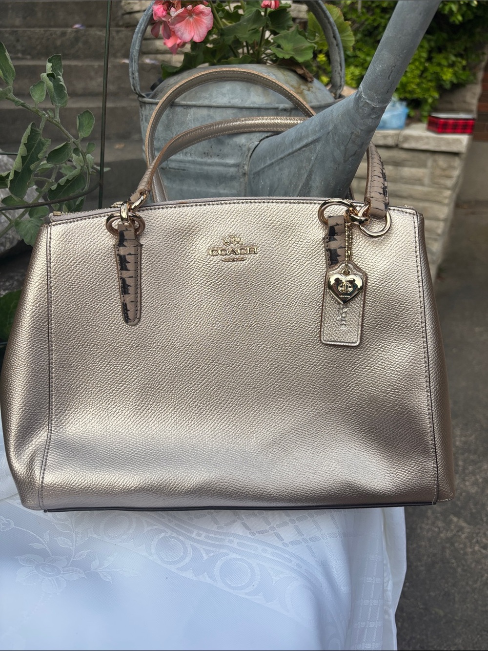 Coach Metallic Champagne Leather Satchel with Heart Charm, like new